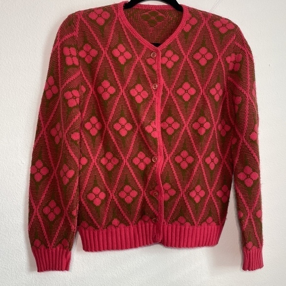 Vintage Sweaters - Spring pink and green colorful floral cardigan